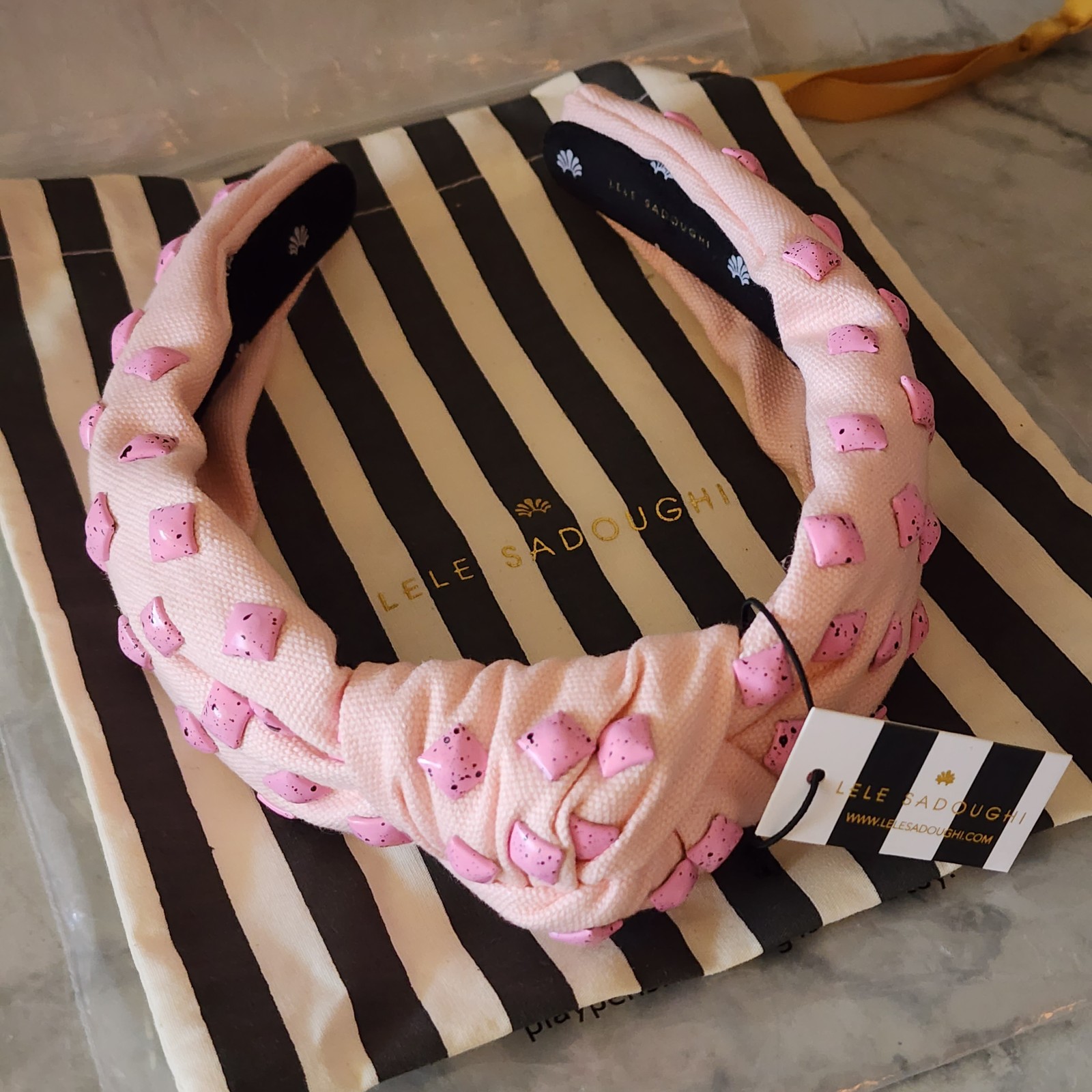 NWT Lele Sadoughi Bubblegum Pink Splatter Woven Studded Knotted Headband