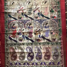 India Gold Metal Thread Tapestry -Elephants Peacocks Green Parrots Sitar Dancers