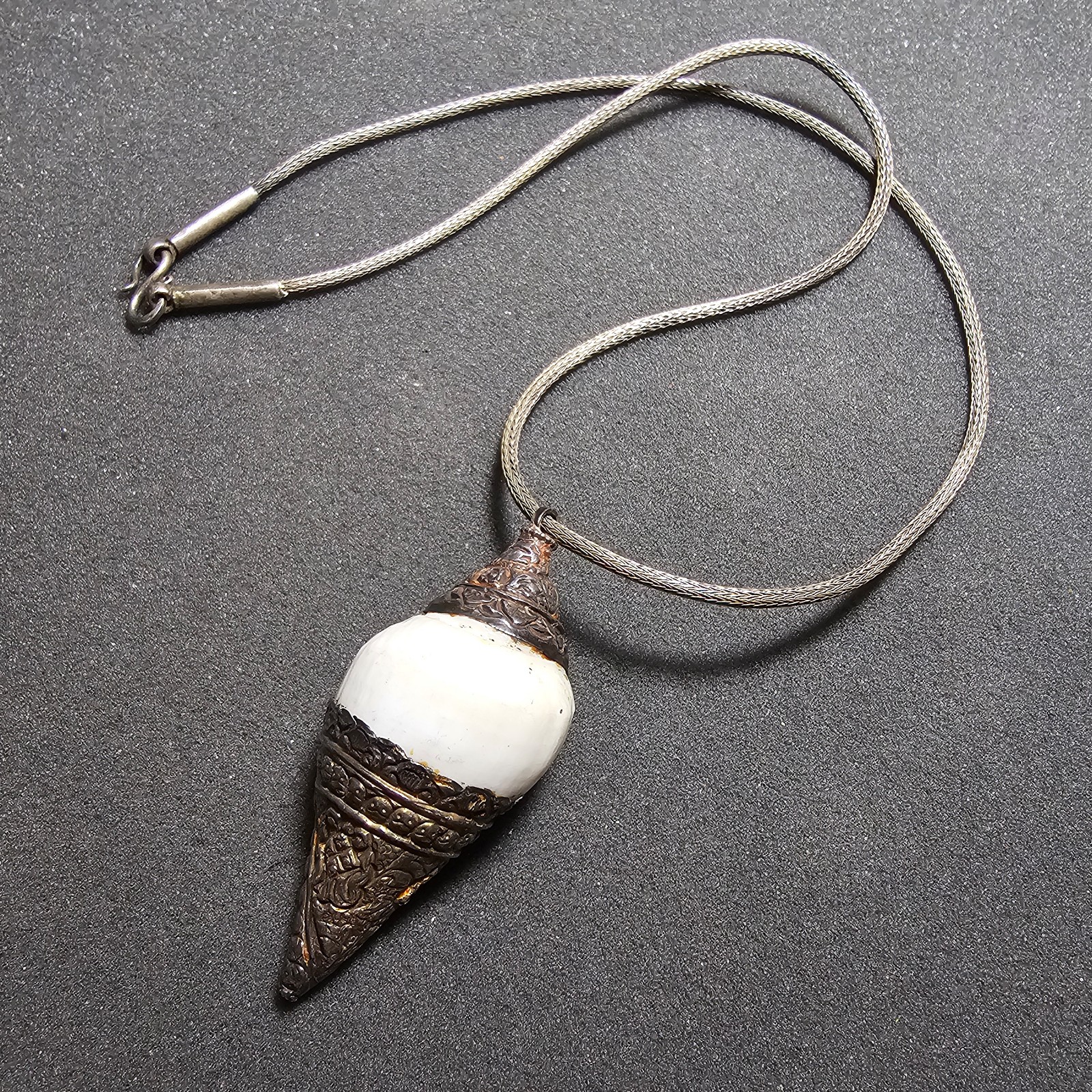 Vintage Sterling Silver Dipped Natural Conch Shell Necklace Ornate Pattern on a