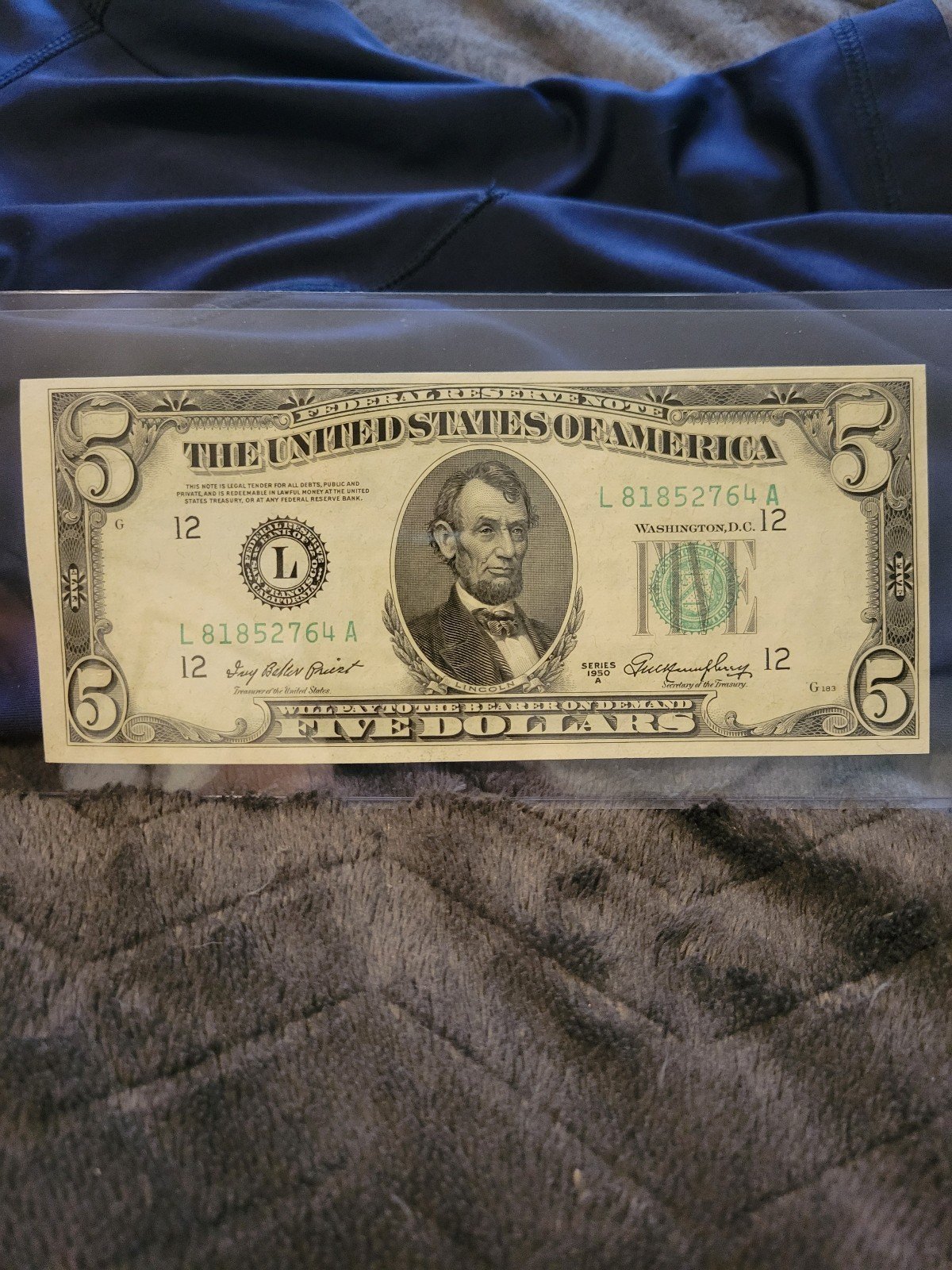 UNC 1950A 5 Dollar Bank Note. Lime Green Seal