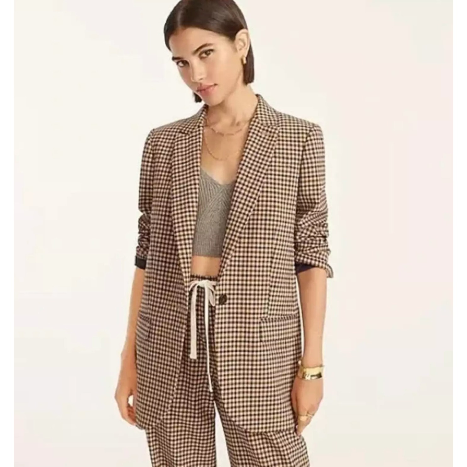 J.Crew Alfie Blazer Italian Stretch Wool Honey Plaid Career Jacket Size 2P Beige