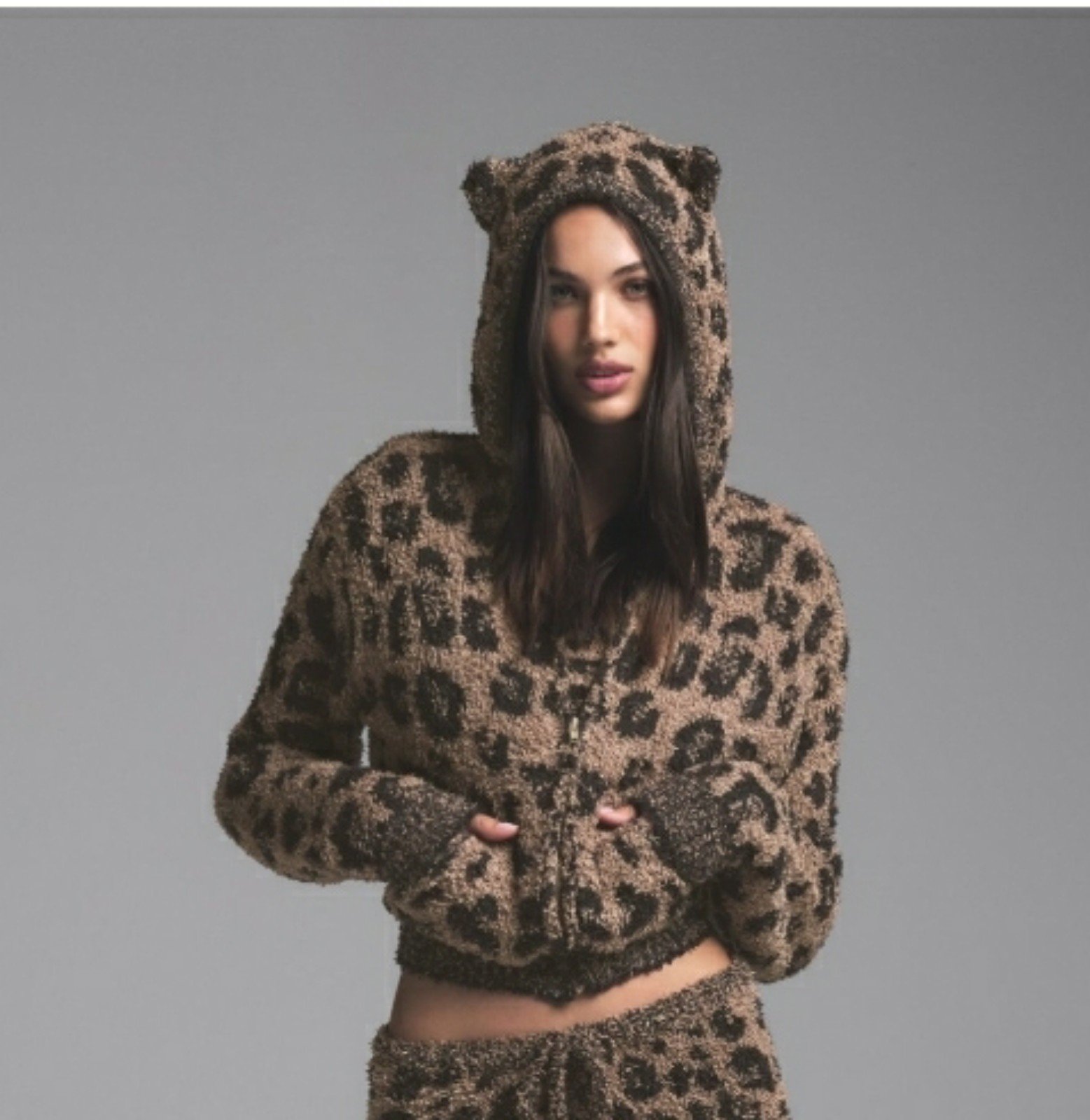 COZY KNIT ANIMAL EAR HOODIE LEOPARD PRINT / 4X/5X