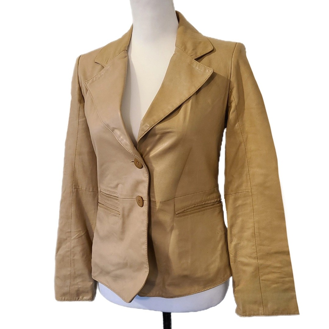 Emporio Armani | Soft Vera Pelle Leather Khaki Fitted Blazer Jacket Size 6, VGUC