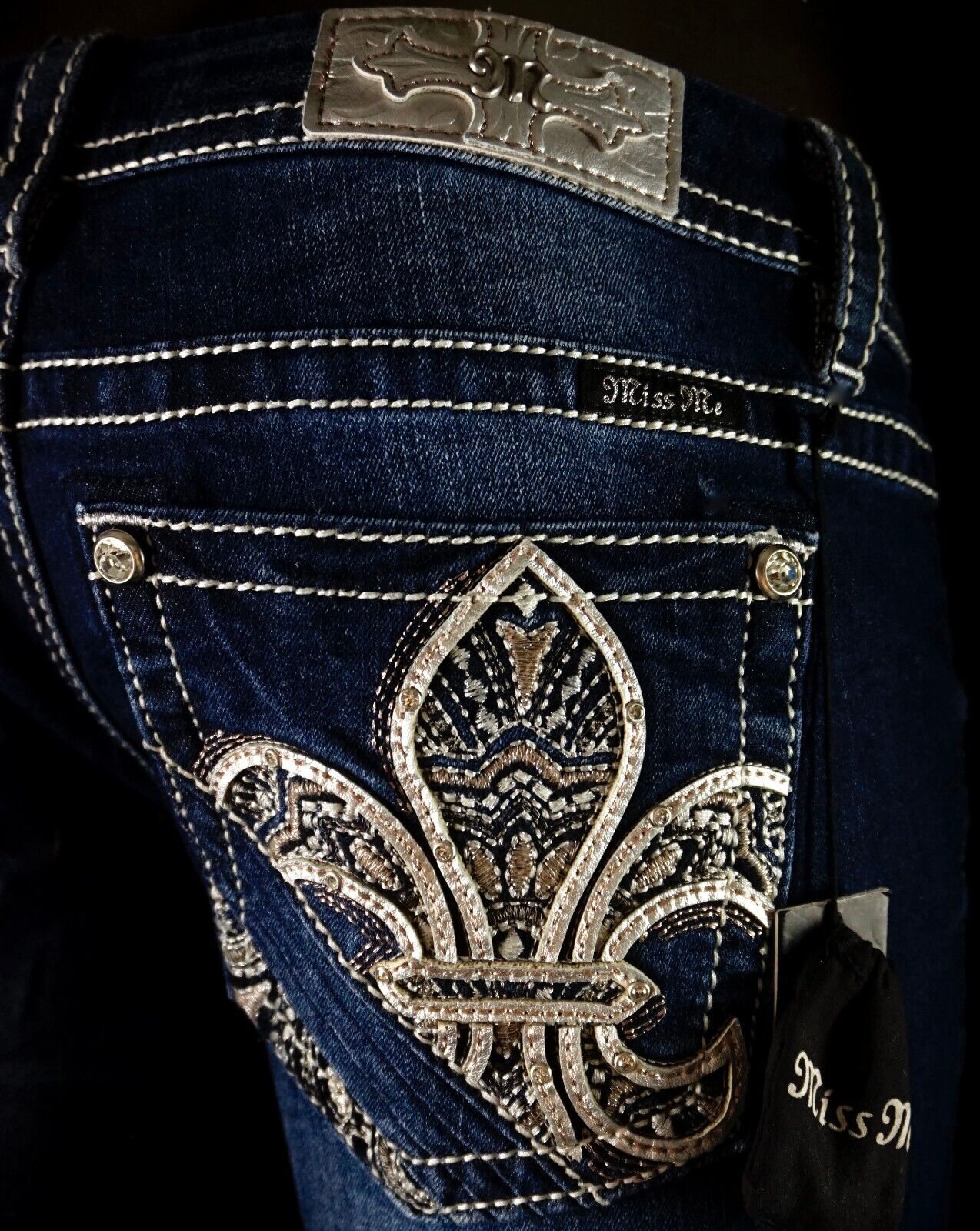108 Buckle Miss Me Jeans Leather Fleur de Lis Mid-Rise Easy Skinny 31 X 30