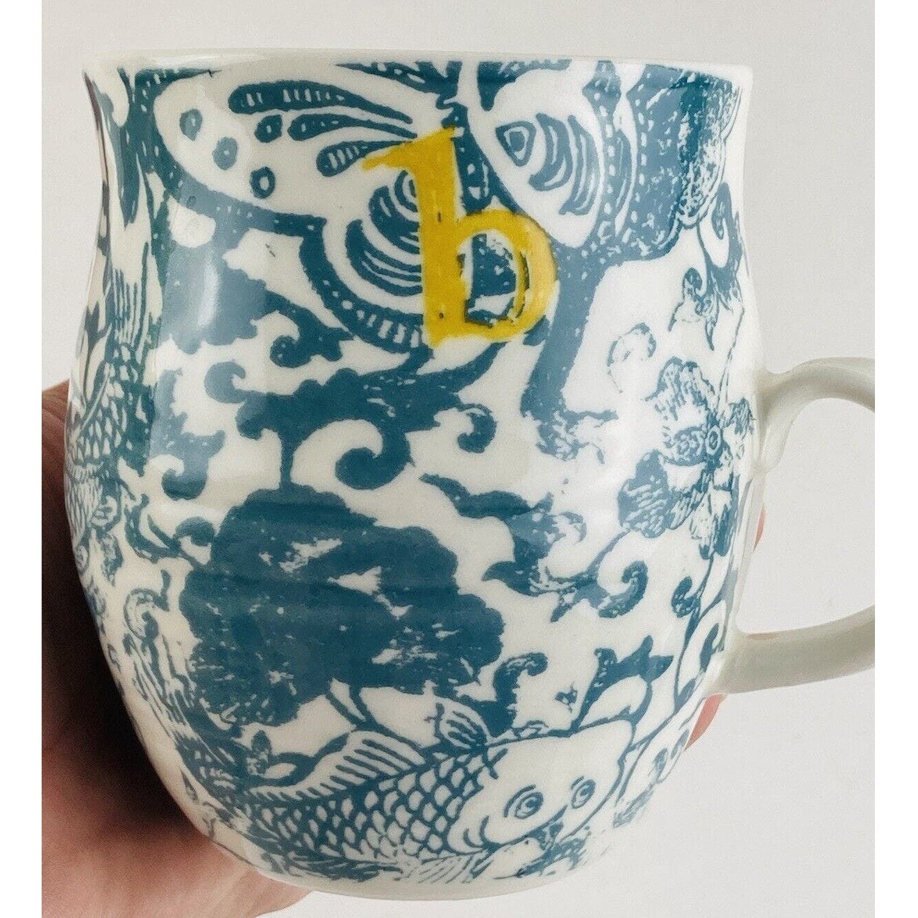 Anthropologie Blue/Teal Yellow Monogram Letter B Floral Butterfly Mug Cup Initia