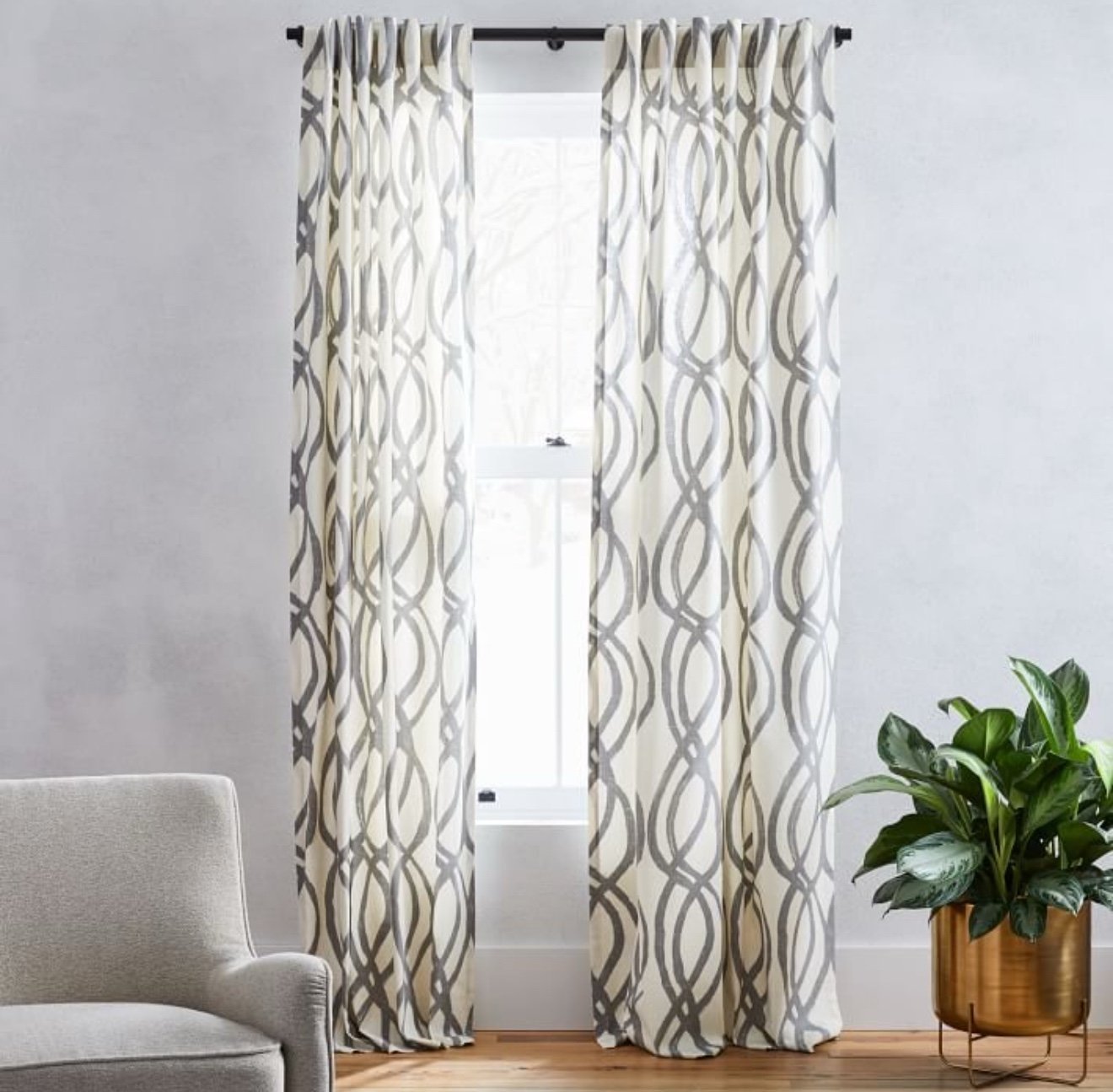West Elm Cotton Canvas Scribble Lattice Curtains -Feather Gray -2 Sets (4 Panel)