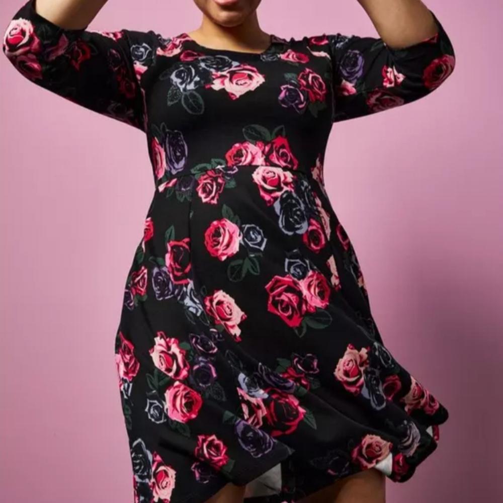 Torrid Betsey Johnson Black Floral Ponte Mini Skater Dress Plus Size