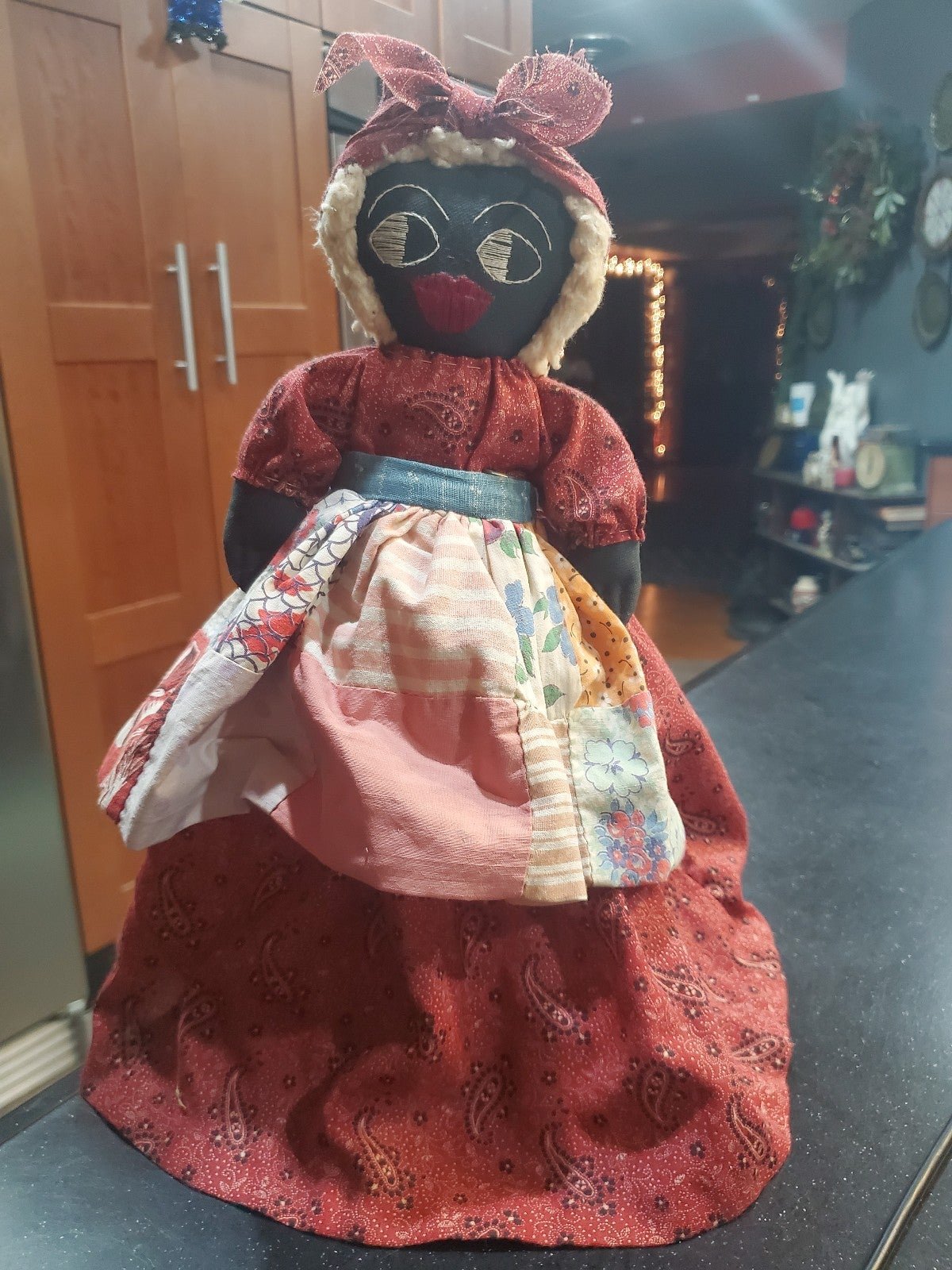 EARLY 20TH C. COTTON RAG DOLL COTTON RED DRESS WITH APRON