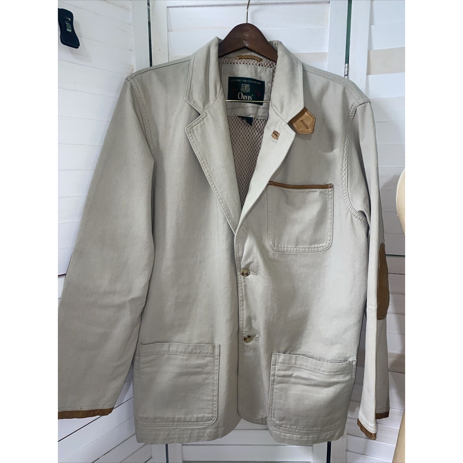 Vintage Orvis Zambezi Leather Trim Blazer Men’s Medium Large Beige Hunting Field