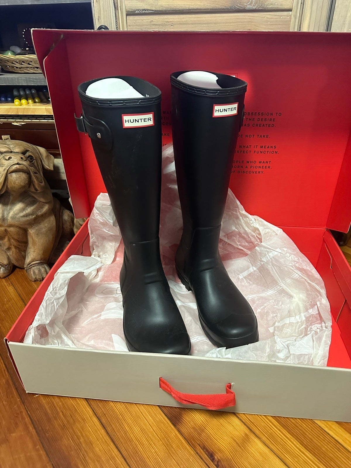 Hunter Original Tall US 10 Refined Matt Rain Boot Black Strap Box