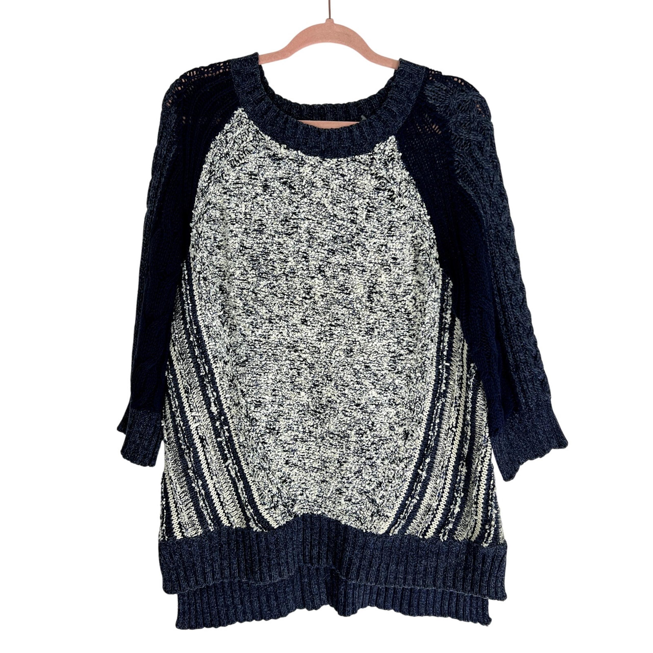 Marc by Marc Jacobs Blue White Open Knit 3/4" Sleeve Hi-Lo Sweater Top Size L