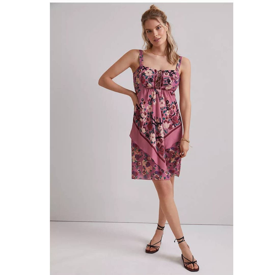 New Anthropologie Anna Sui Rosette Mini Dress 519 SIZE 2 Purple Motif Floral