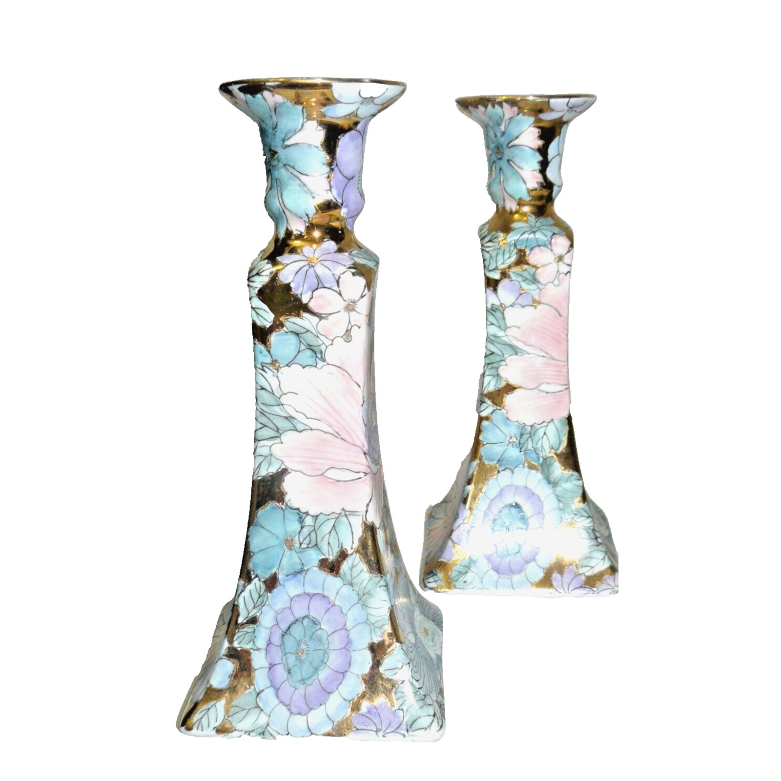 Gilted Ceramic Toyo HFP Macau Hand Painted Candlestick Holders 9 Set of 2 VTG