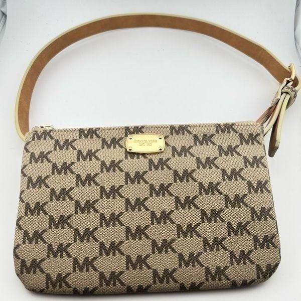 Michael Kors Belt Bag MK Logo Signature Beige & Gold Fanny Pack Purse Size XS S