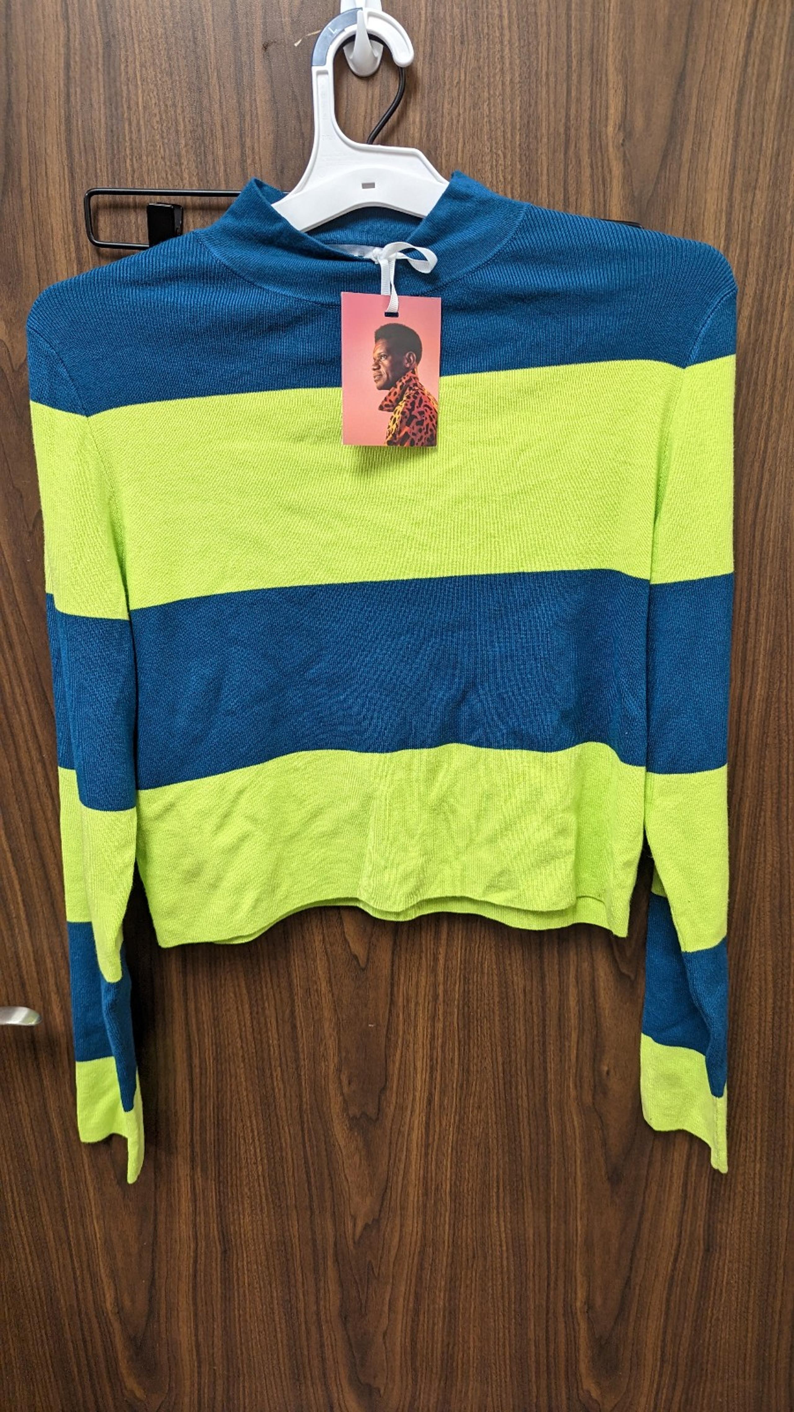 Victor Glemaud Sweater Top Womens M Teal Lime Green Striped Mock Relaxed NEW