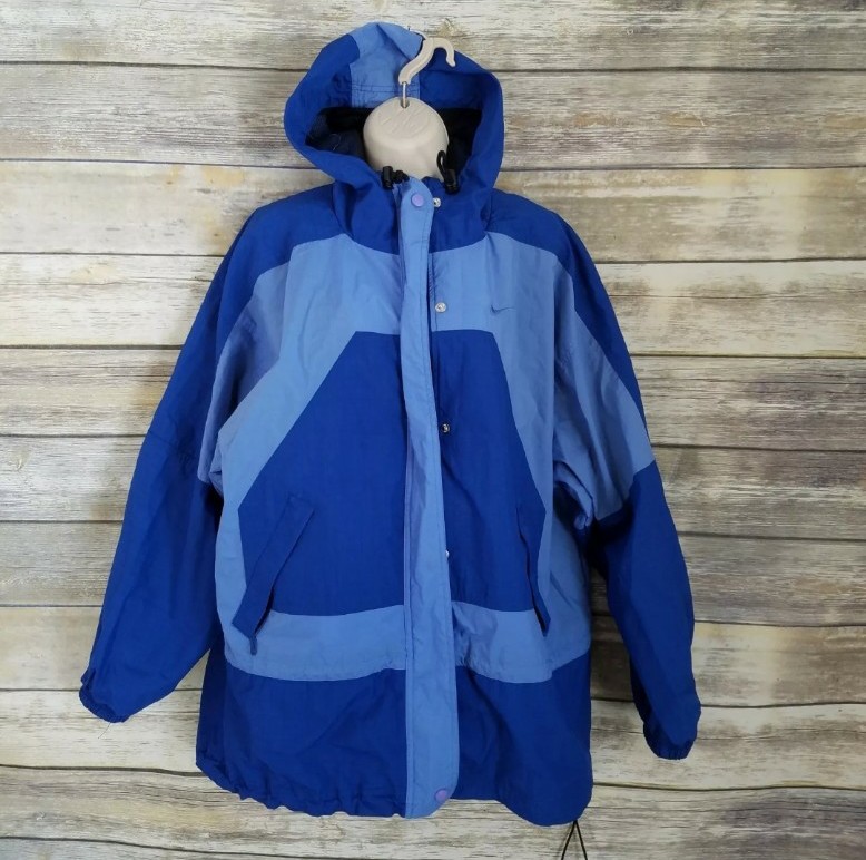Vtg 90s Nike Size L Windbreaker Blue Coloblock Full Zip Hood Swoosh Logo Womens
