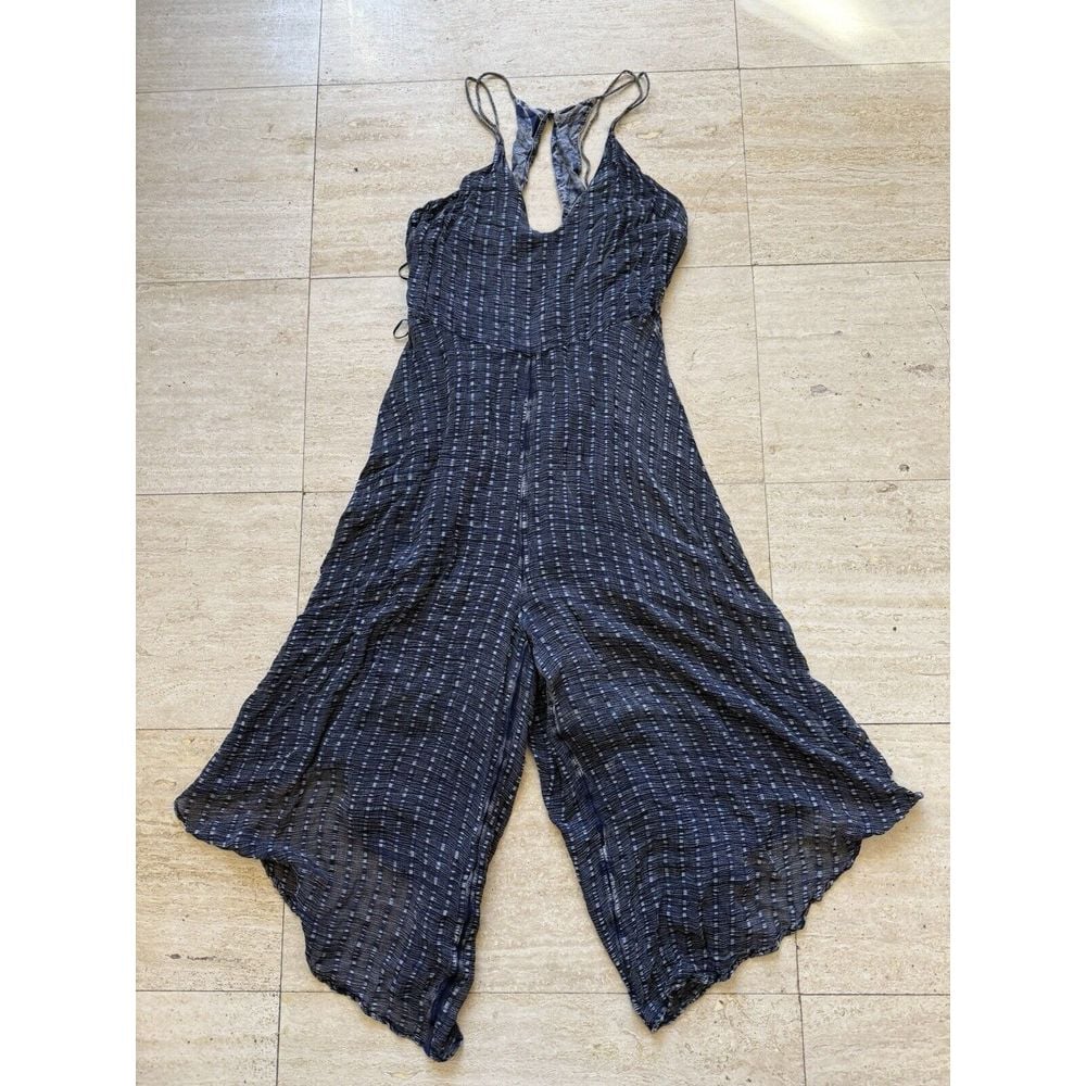 Anthropologie HD in Paris Harbor CropWide Leg Jumpsuit Cupro Navy Size 12