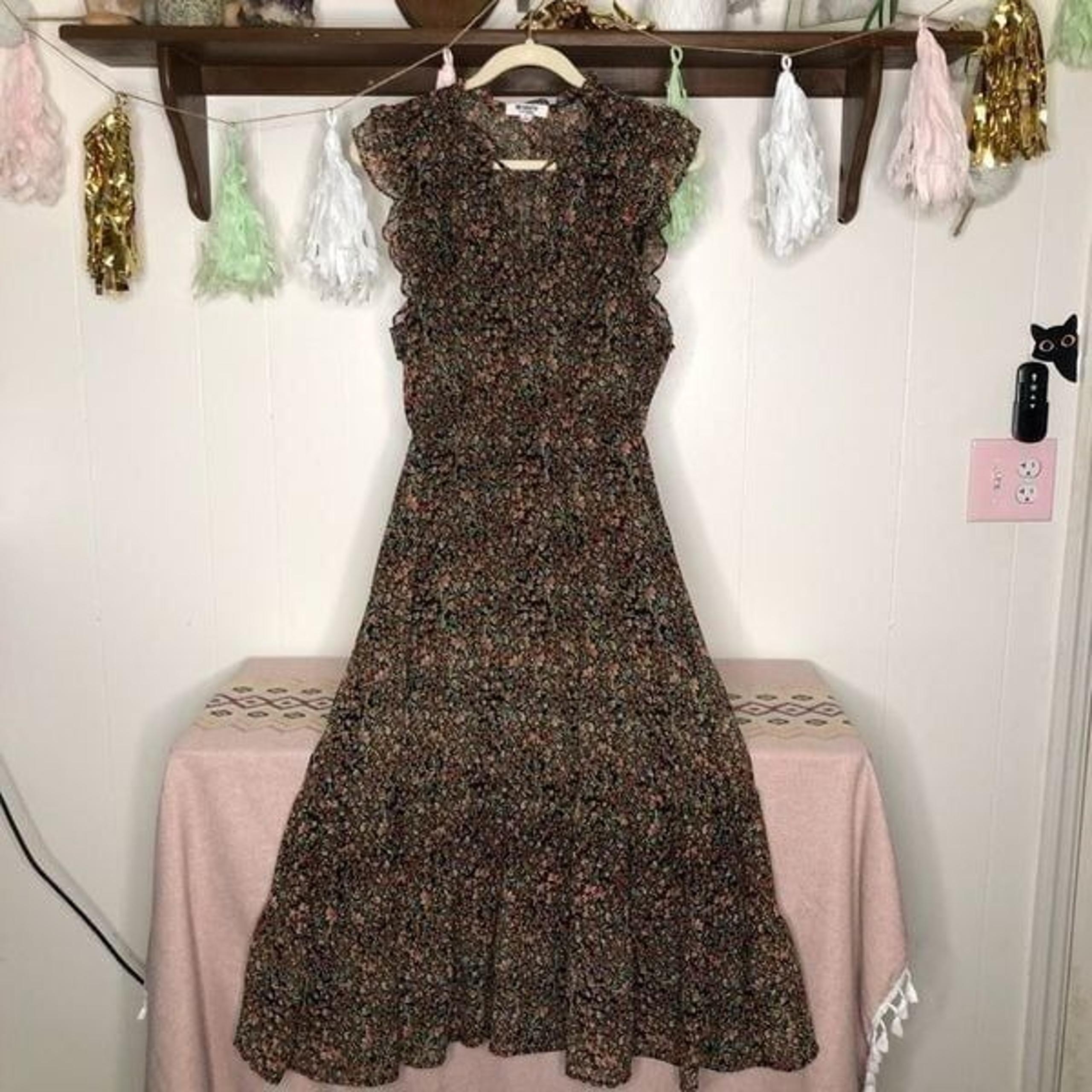 BB Dakota Womens Floral Ruffle Sleeve Sheer Boho Midi Dress Multicolor Small