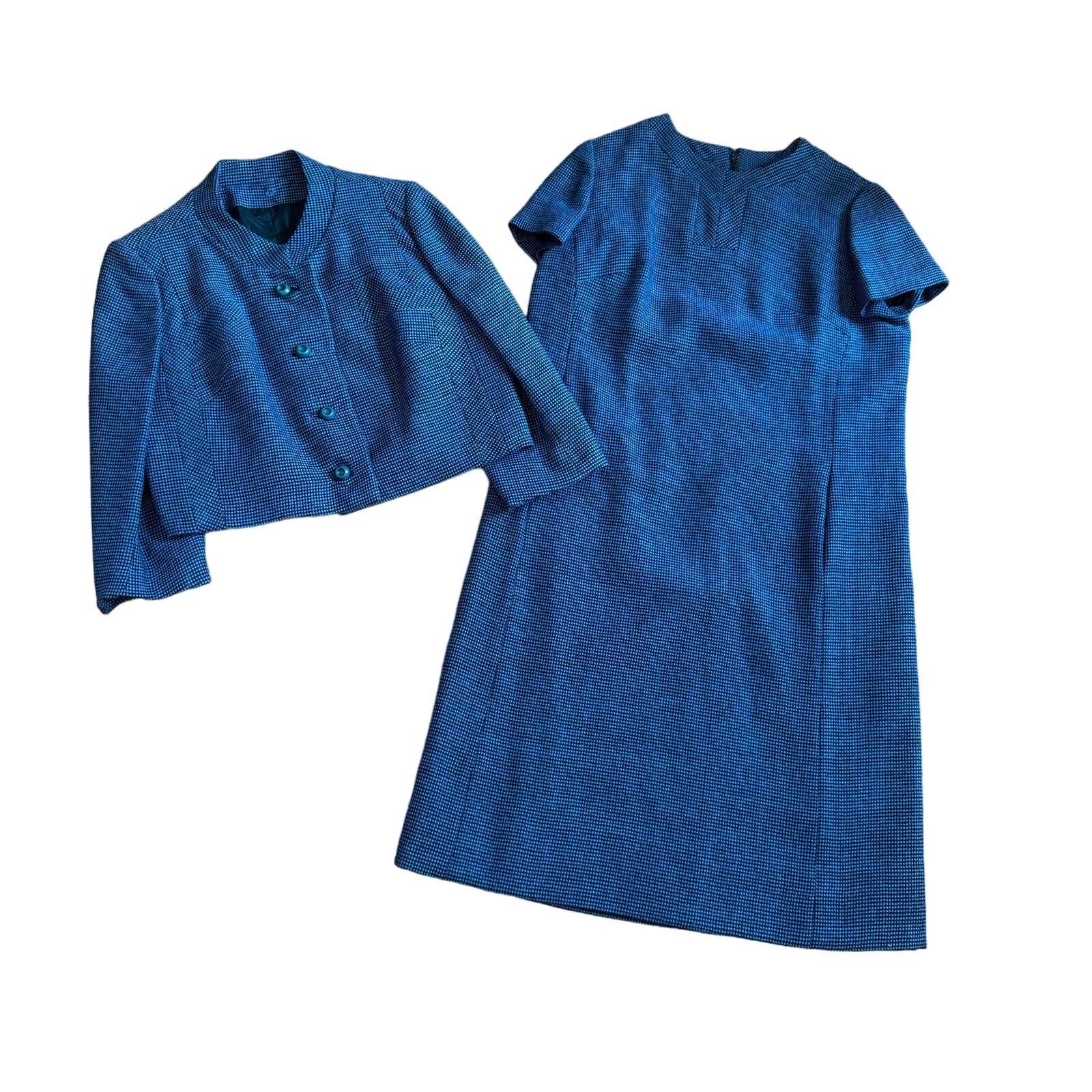 Vintage Blue Black Tweed Union Made Sheath Dress and Jacket Set Size LARGE