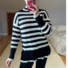 Philosophy: Mock Neck Black and White Color blocked Stripped Sweater