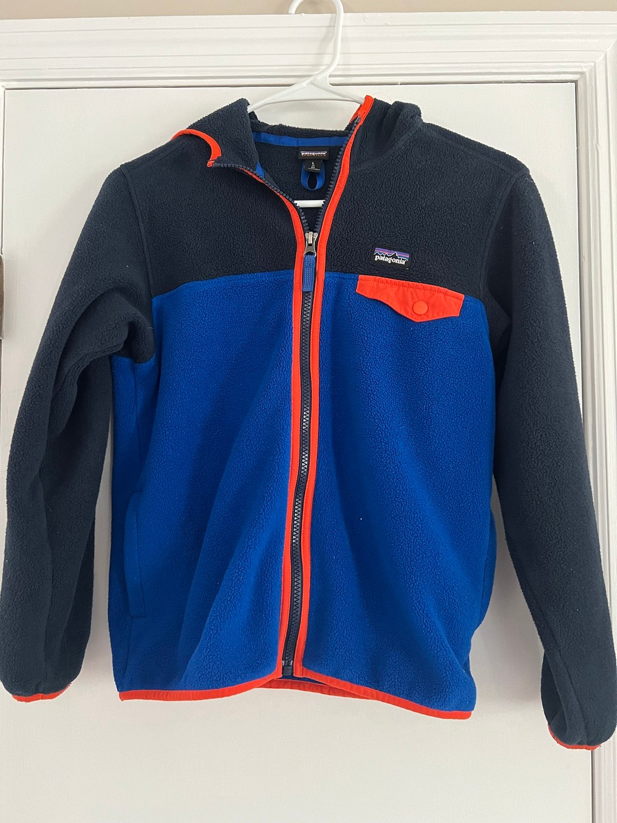 Patagonia Kids Full Zip Hood Fleece Jacket Coat Large 12 Navy Blue Orange youth