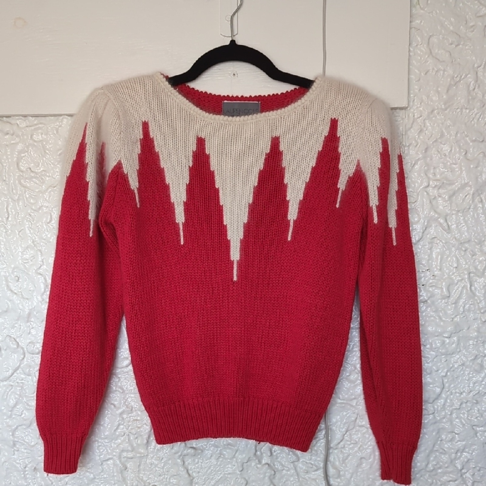 Lauren Cole Red and Cream 1980s Women's Sweater. Angora & Lambswool