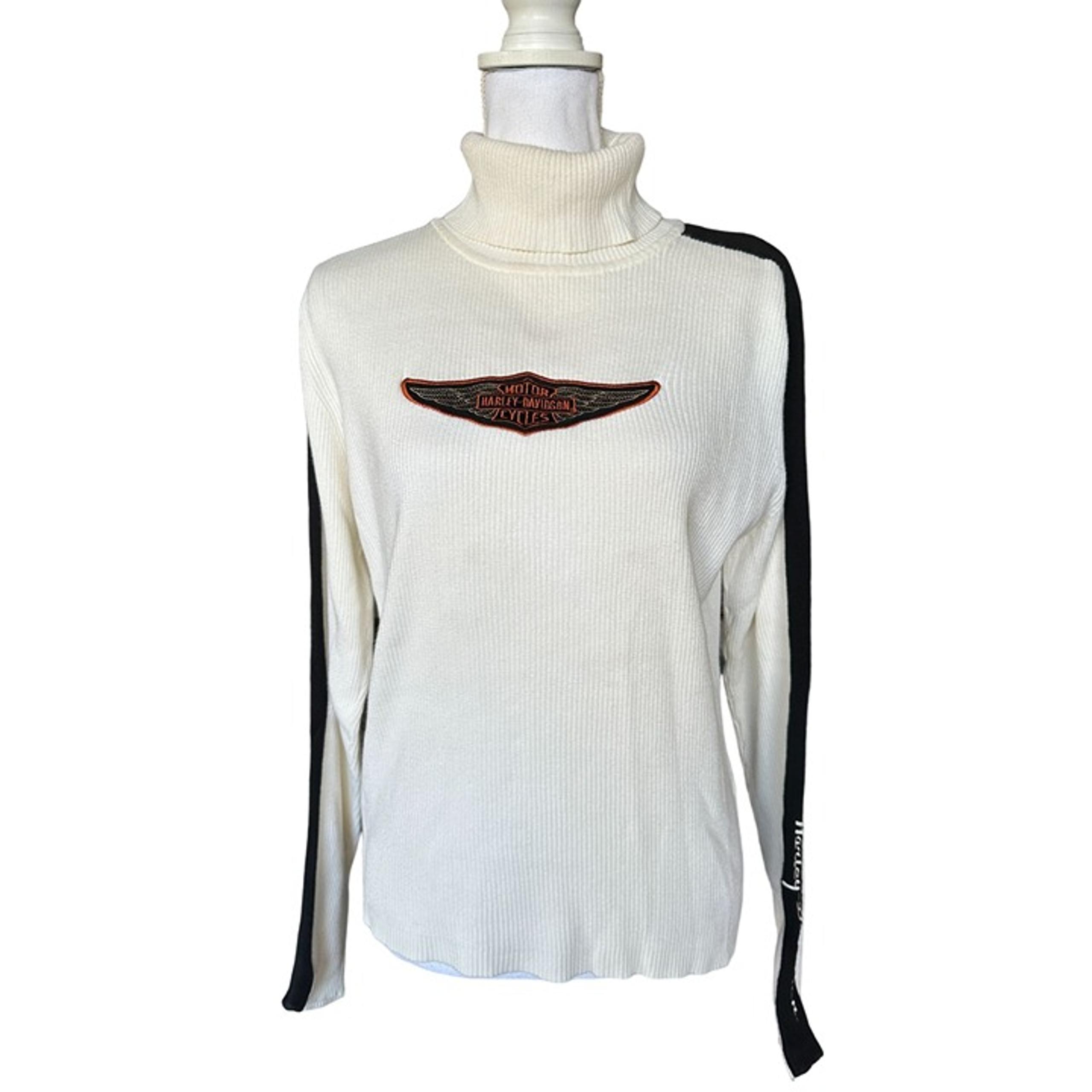 Harley Davidson Womens Turtleneck Pullover Sweater Sz XL Ribbed Off White Black