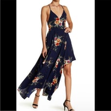 NWT Haute Rogue Blue Floral Handkerchief Hem Strappy Dress High Low