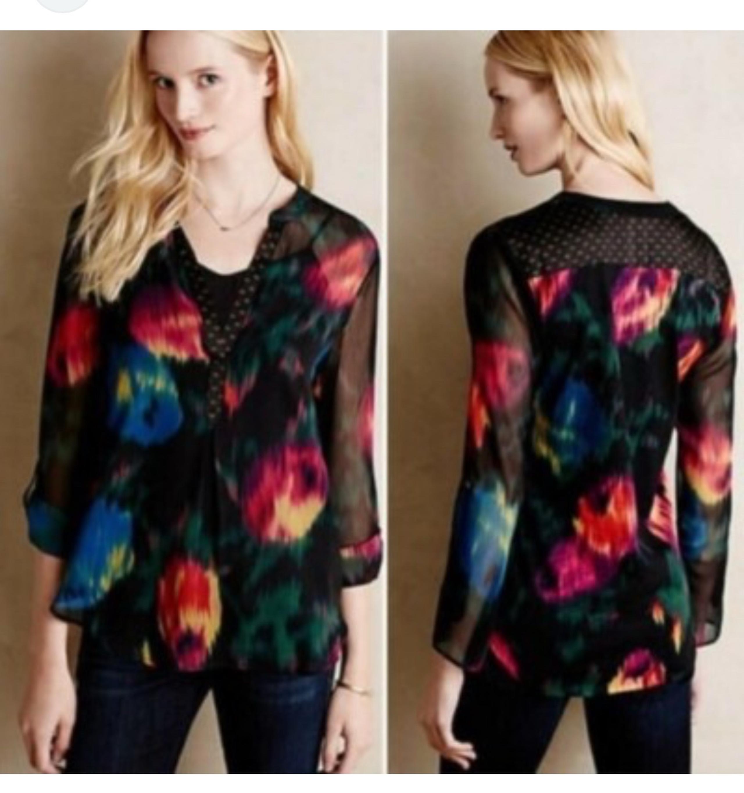 Tiny Long Sleeve Blouse Colorful Watercolor Pull Over Womens Small - Anthropologie