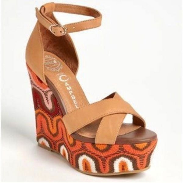 JEFFREY CAMPBELL BRADSHAW NUDE BOHO CHEVRON WOMEN'S WEDGE SANDAL 70s Size 8