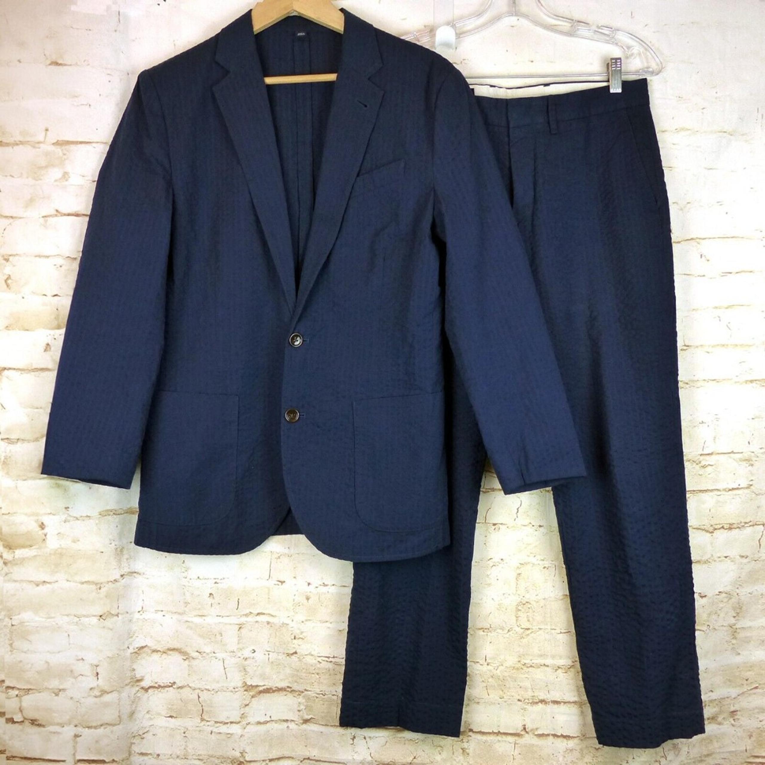 J Crew Thompson Tailored Suit Mens Blue Seersucker Slim Fit Jacket 38 Pants 30