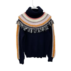 Anthropologie Margherita Nordic Sweater Tassel Fringe Navy Size Medium