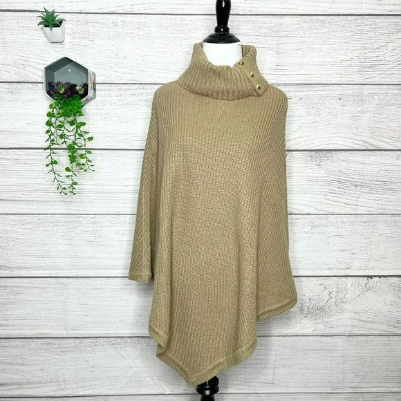 Michael Kors Turtleneck Shaker Stitch Poncho Honey Brown Tan One Size