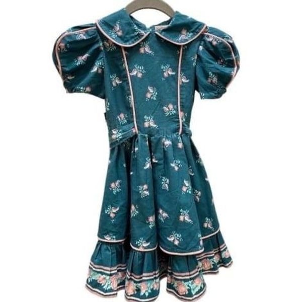 Handcrafted, Hand sewn toddler girls, green and pink puff sleeve dress S/4/5