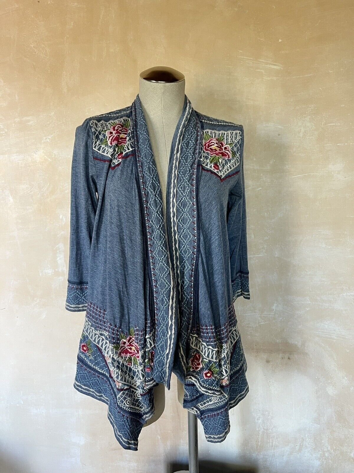 Johnny Was Draped Open Front Floral Embroidered Cardigan 3/4 Sleeve S