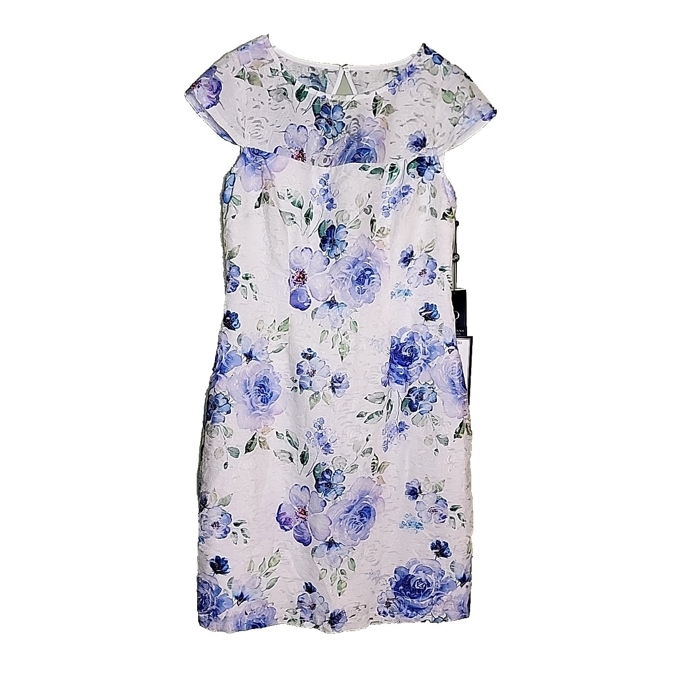 Adrianna Papell Floral Sheath Dress 12 Cap Sleeve Blue Ivory Keyhole Back