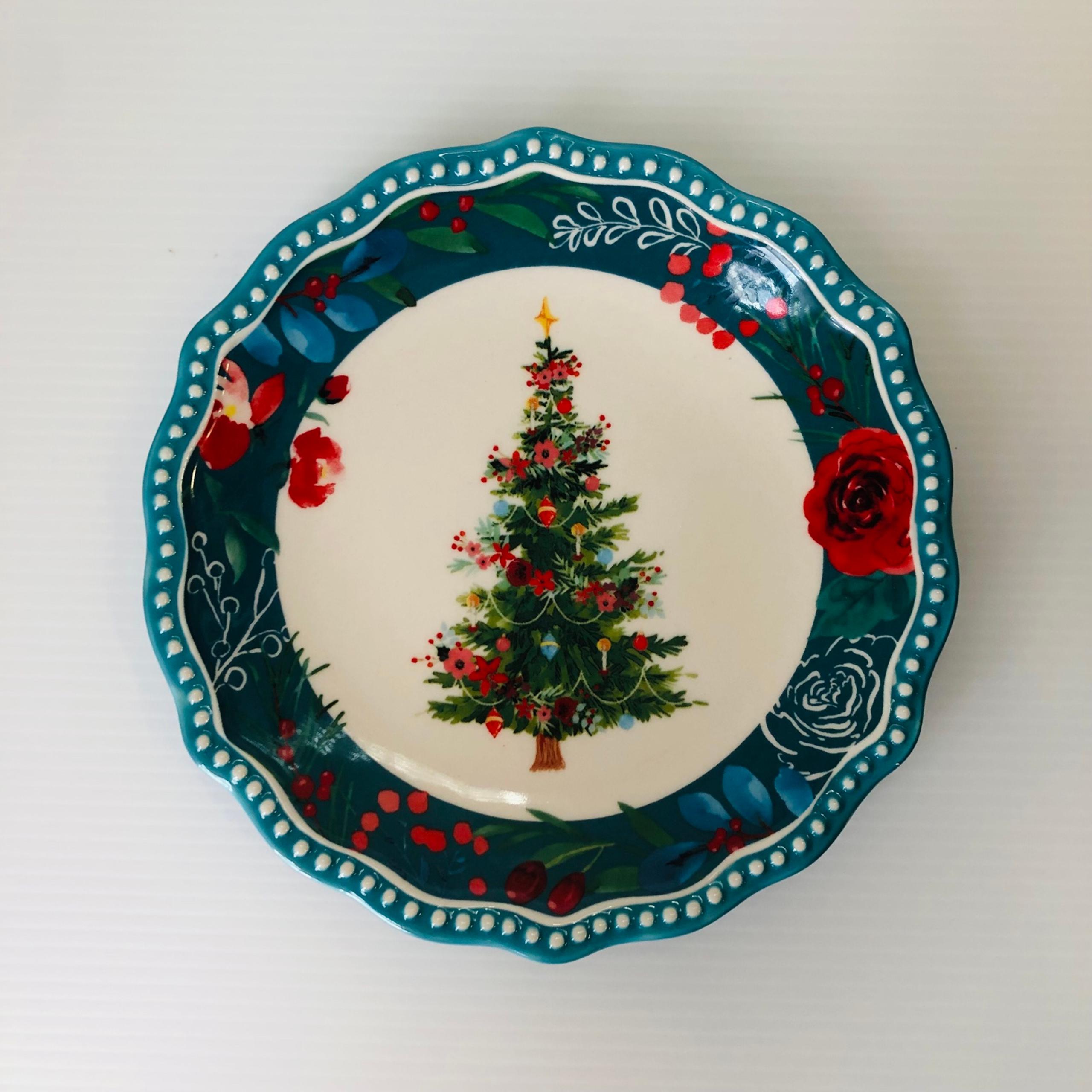 NEW Pioneer Woman Wishful Winter Tree Appetizer Plate Teal Christmas Floral