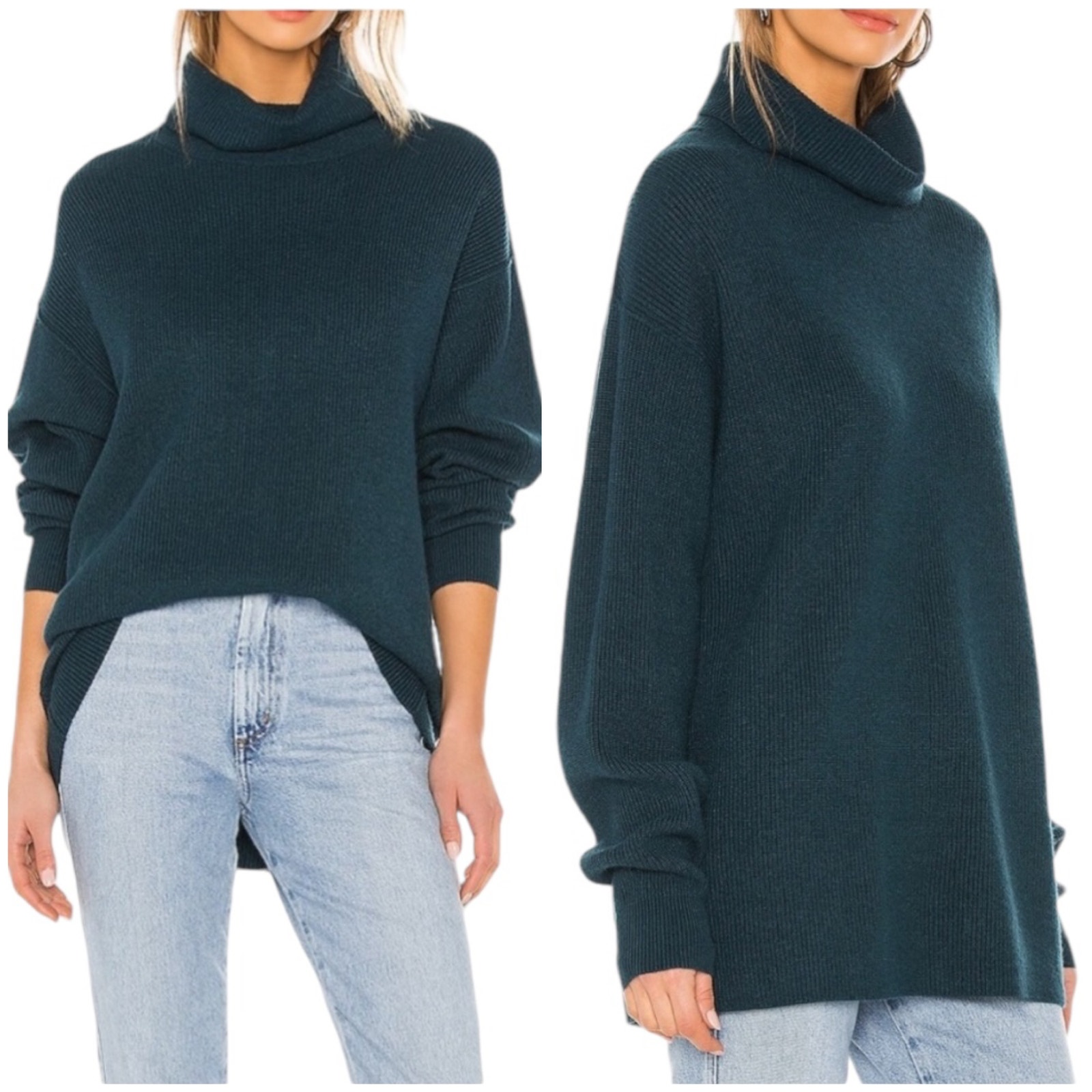 Free People NWT Softly Structured Knit Tunic Deep Jade Cowl Neck Ribbed Knit XS