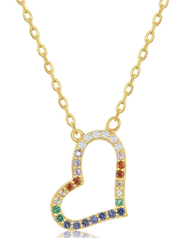 Rainbow CZ Sideways Heart 925 Silver Gold Tone Necklace