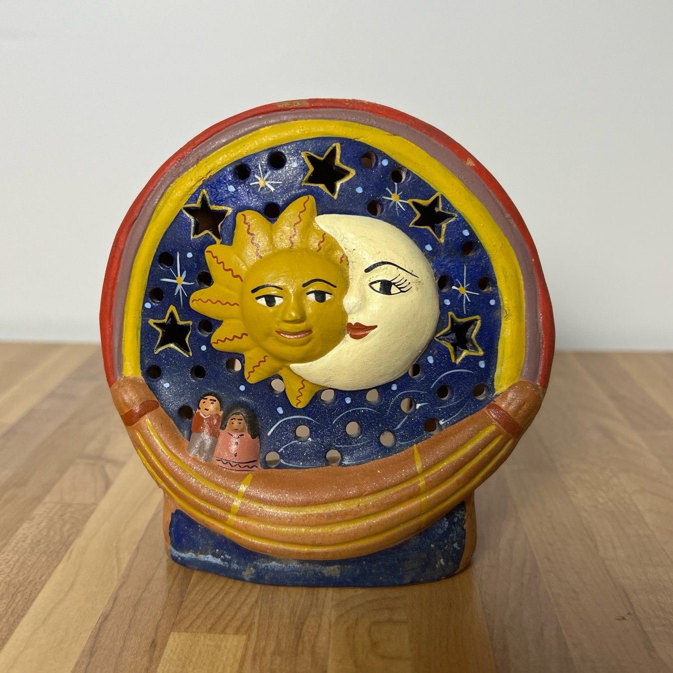Vintage Ceramic Celestial Sun & Moon Candle Holder Handmade in Peru Home Decor