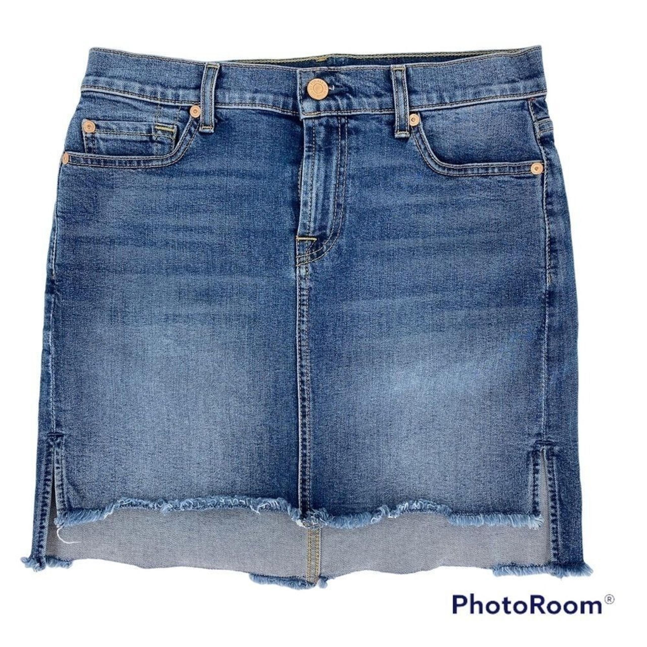 7 For All Mankind Mini Skirt  Frayed Raw Hem Denim Blue High/Low Women's Sz 26