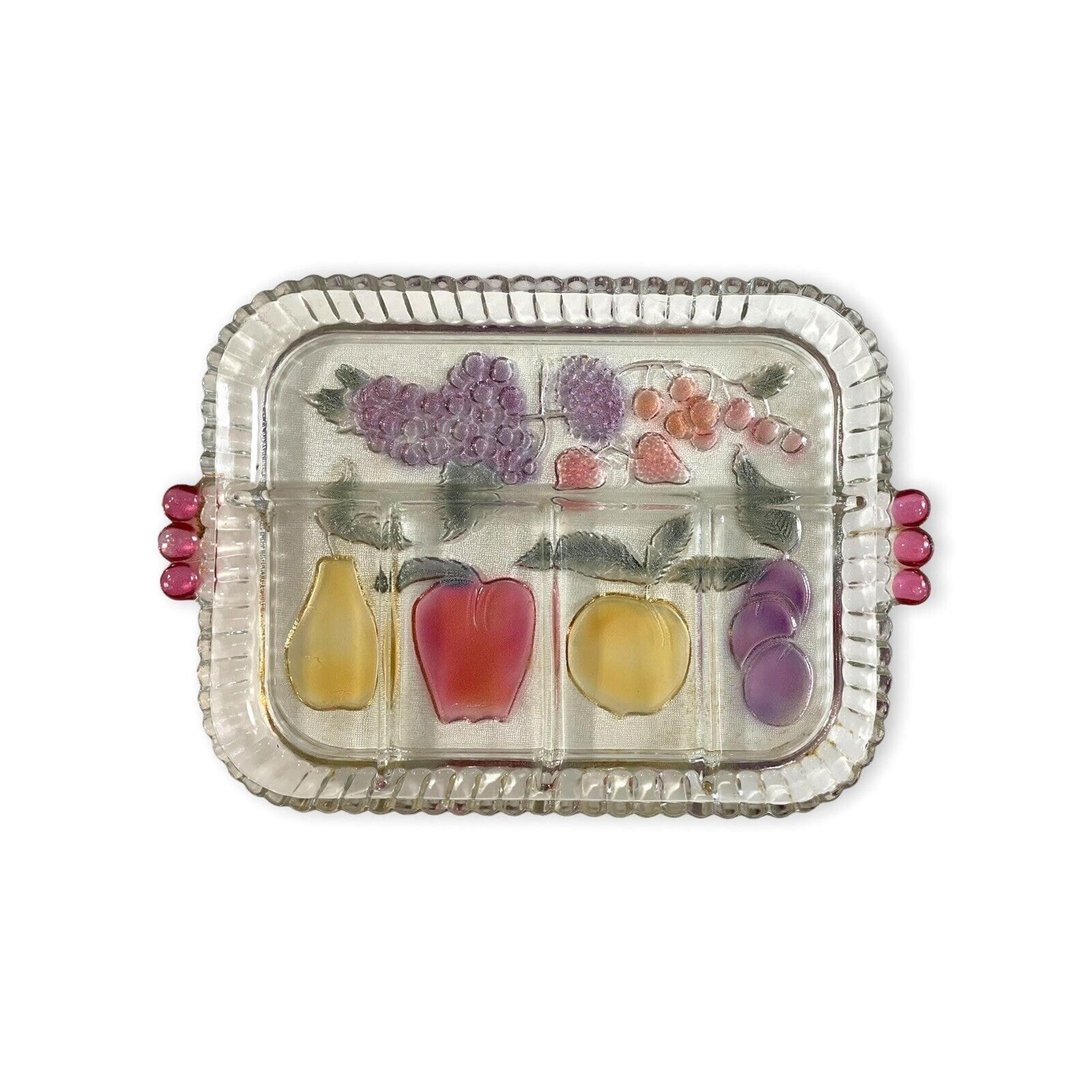 Vintage Indiana Glass Serving Tray Divided Platter Fruit Design Full Color