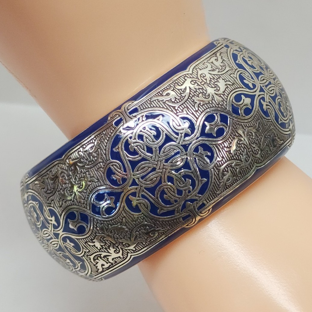 Brighton Royal Brocade Hinged Bangle Silver & Blue