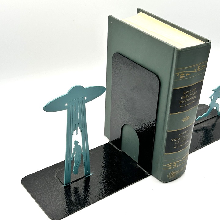 Metal Sci-Fi Alien Abduction Bookends With Running Figures and Spaceship
