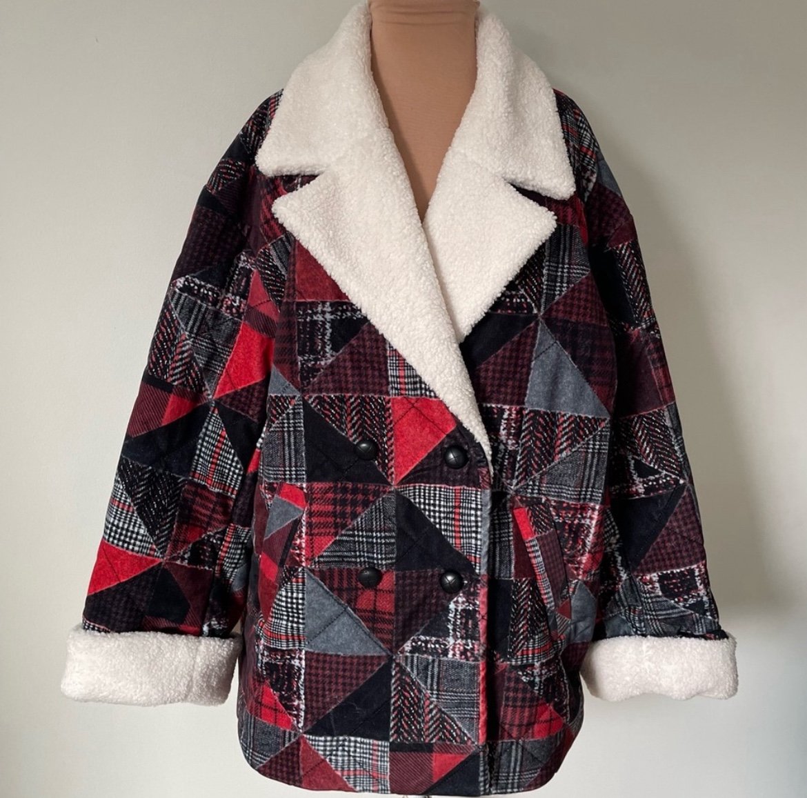 Derek Lam 10 Crosby Hayden Quilted Plaid Patchwork Faux Fur Collar Coat NWT XL