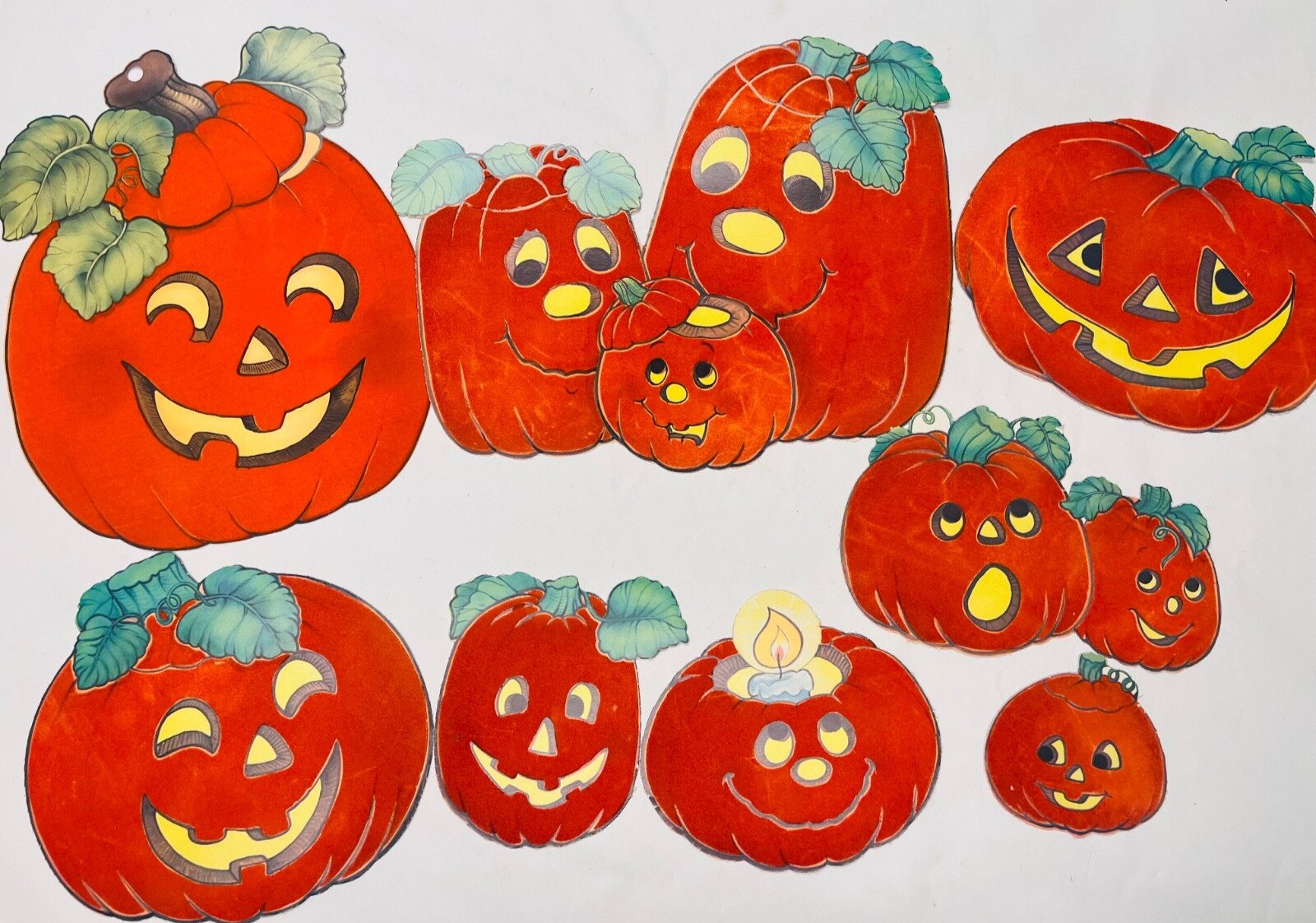 Vintage Flocked Die Cut Pumpkins Jack-O-Lantern Set 8 Fuzzy Halloween Decor K3