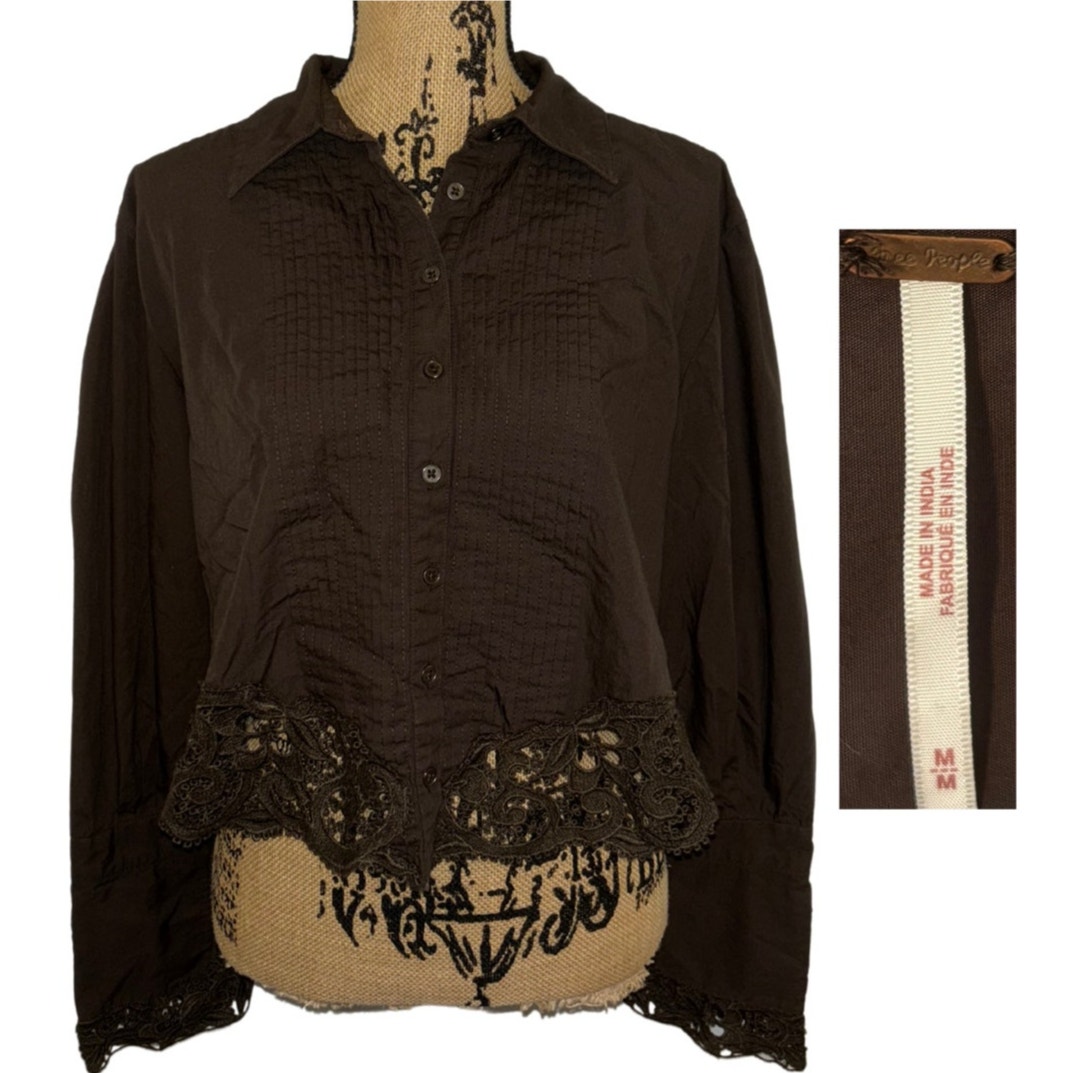 Free People Hooked On You Top Brown Size Medium Lace Pleated Button Down Boho