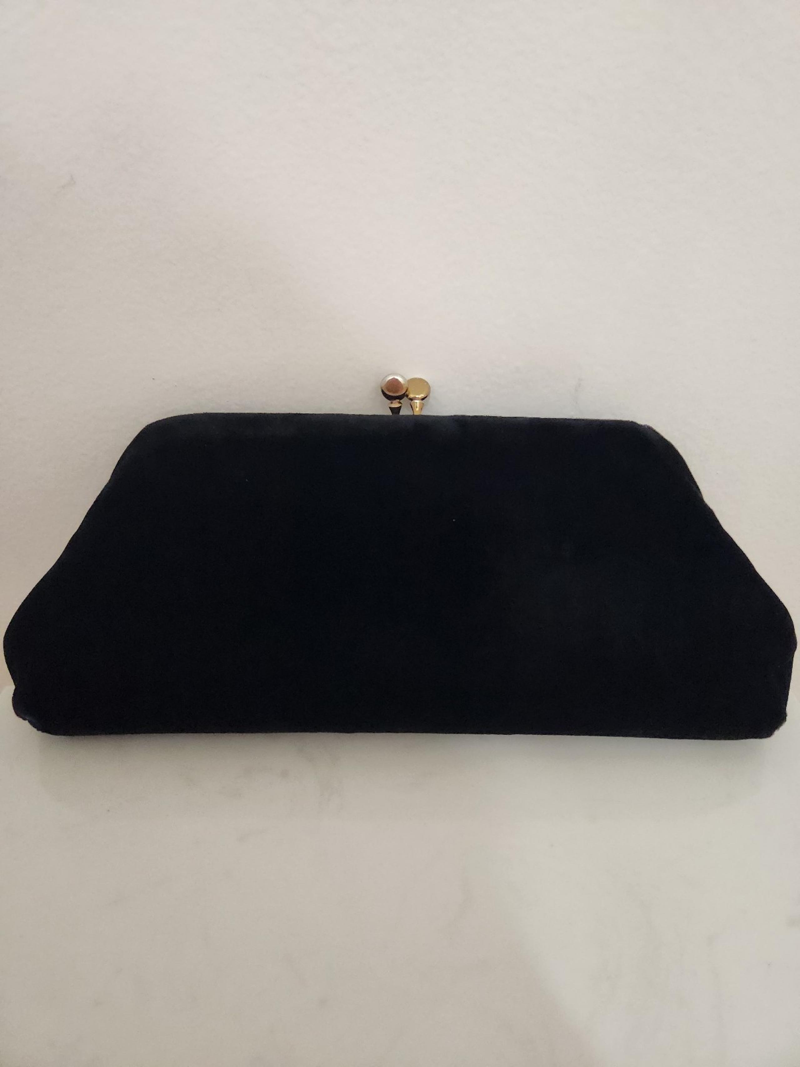 Vintage Black Velvet Evening Clutch With Snap Closure In Gold Tones