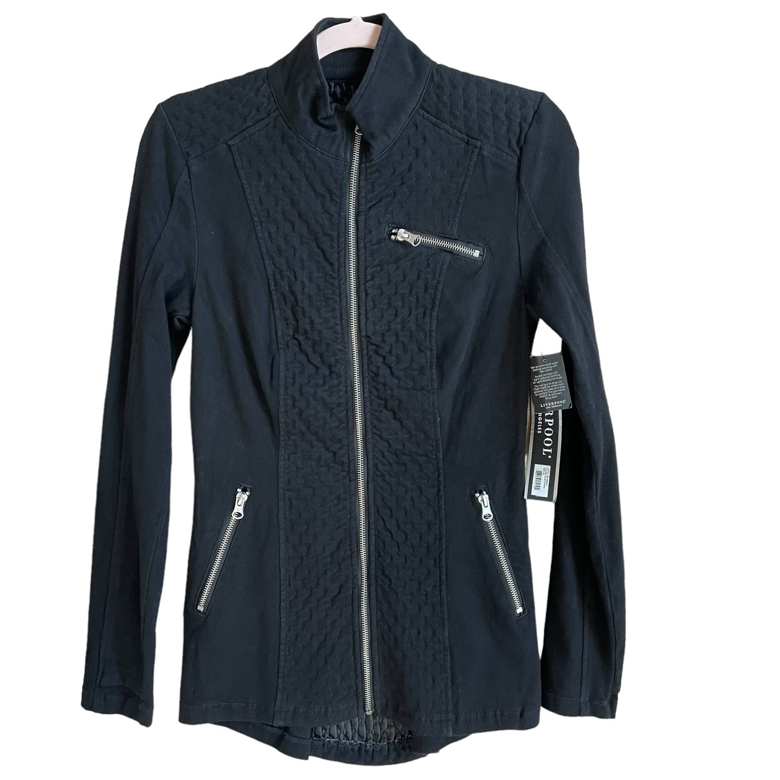 Liverpool Nereus Quilted Panel Denim Jacket Black Rinse Size XS Moto Biker Goth