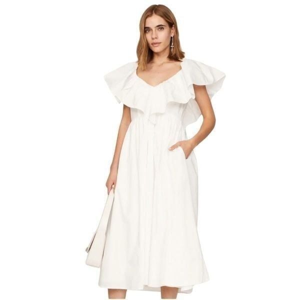 430 Adam Lippes Collection White Eyelet Ruffle Fit & Flare Dress Size 10